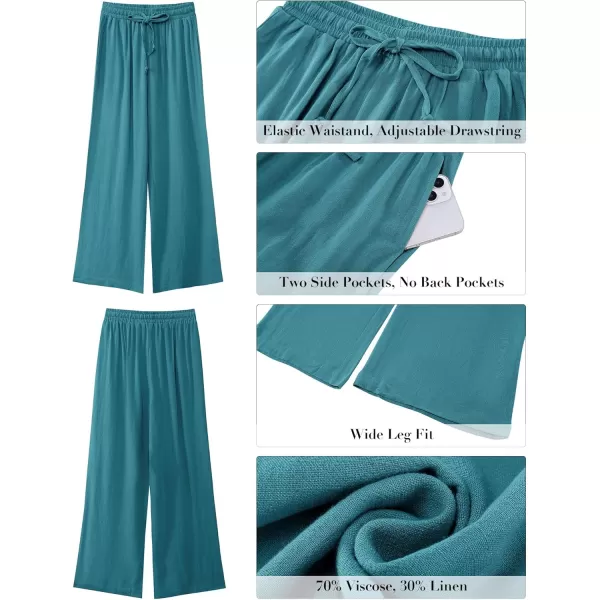 GRAPENT Wide Leg Pants Woman Linen High Waisted Pull On Flowy Casual Baggy Drawstring Palazzo Trousers Pants Resort WearLake Green