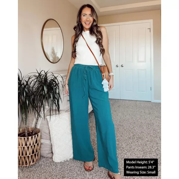 GRAPENT Wide Leg Pants Woman Linen High Waisted Pull On Flowy Casual Baggy Drawstring Palazzo Trousers Pants Resort WearLake Green