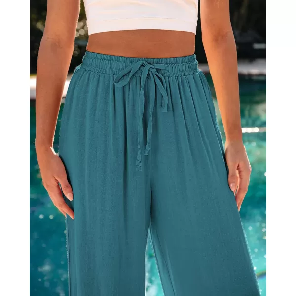 GRAPENT Wide Leg Pants Woman Linen High Waisted Pull On Flowy Casual Baggy Drawstring Palazzo Trousers Pants Resort WearLake Green