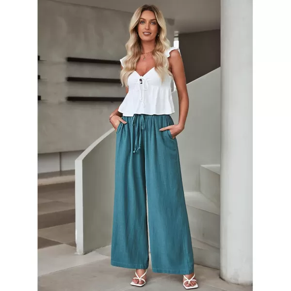GRAPENT Wide Leg Pants Woman Linen High Waisted Pull On Flowy Casual Baggy Drawstring Palazzo Trousers Pants Resort WearLake Green