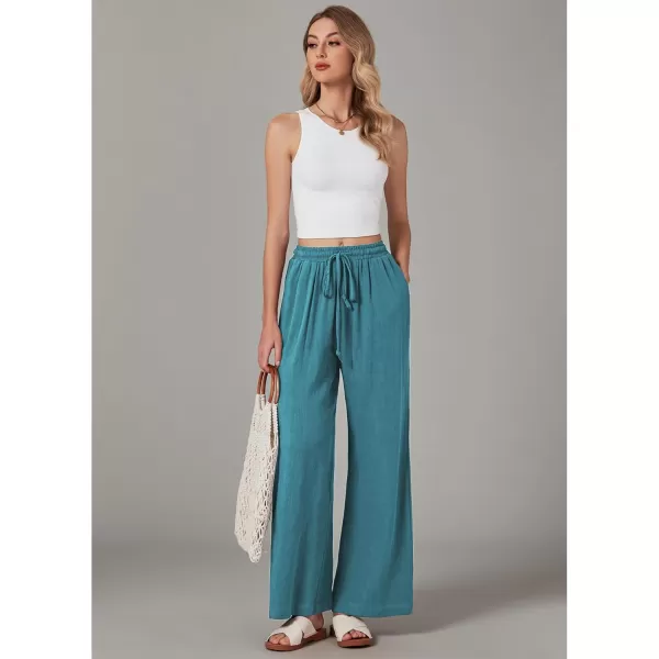 GRAPENT Wide Leg Pants Woman Linen High Waisted Pull On Flowy Casual Baggy Drawstring Palazzo Trousers Pants Resort WearLake Green