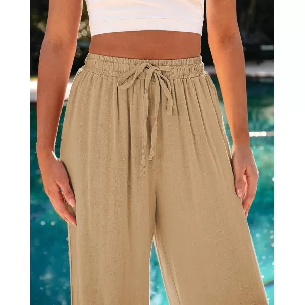 GRAPENT Wide Leg Pants Woman Linen High Waisted Pull On Flowy Casual Baggy Drawstring Palazzo Trousers Pants Resort WearLatte