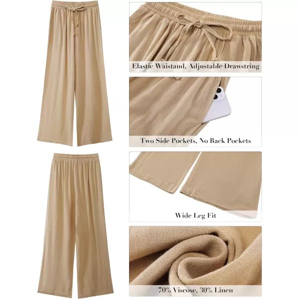 GRAPENT Wide Leg Pants Woman Linen High Waisted Pull On Flowy Casual Baggy Drawstring Palazzo Trousers Pants Resort WearLatte