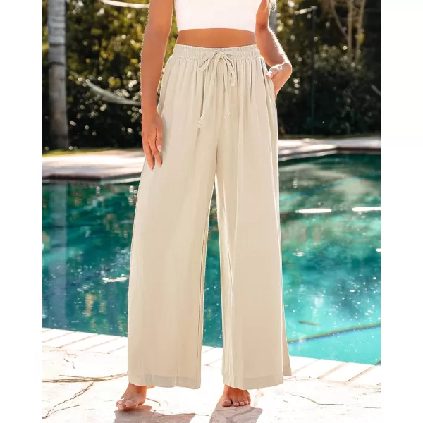 GRAPENT Wide Leg Pants Woman Linen High Waisted Pull On Flowy Casual Baggy Drawstring Palazzo Trousers Pants Resort WearLight Beige