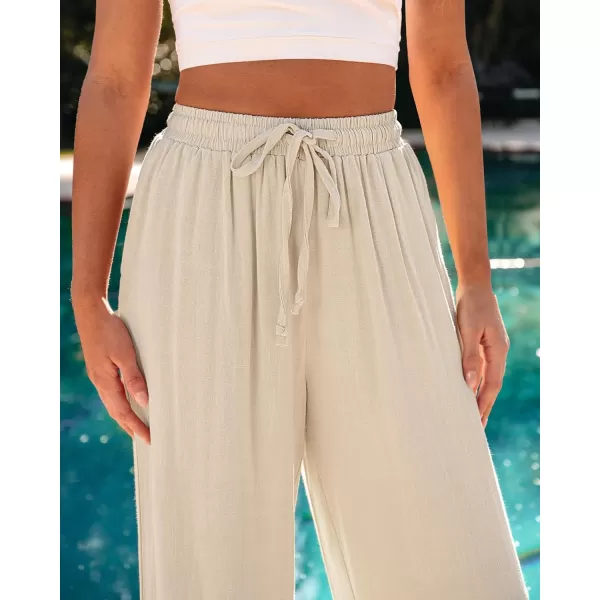 GRAPENT Wide Leg Pants Woman Linen High Waisted Pull On Flowy Casual Baggy Drawstring Palazzo Trousers Pants Resort WearLight Beige