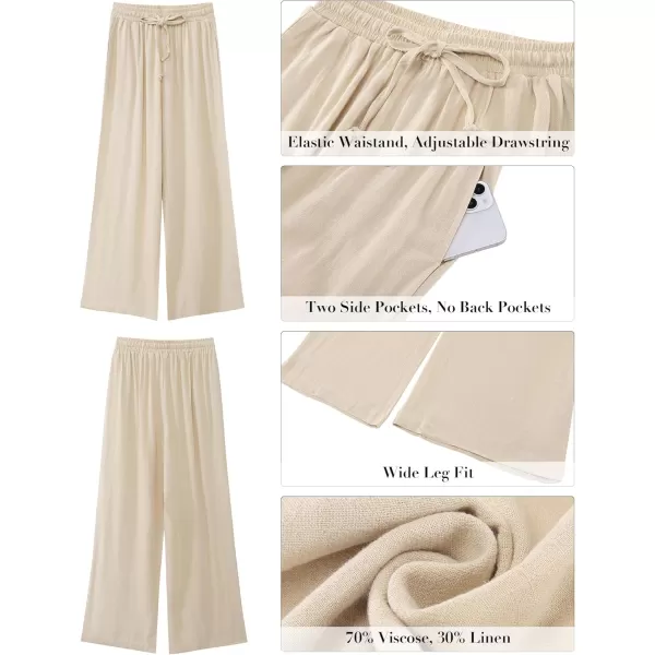 GRAPENT Wide Leg Pants Woman Linen High Waisted Pull On Flowy Casual Baggy Drawstring Palazzo Trousers Pants Resort WearLight Beige