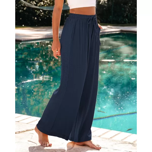 GRAPENT Wide Leg Pants Woman Linen High Waisted Pull On Flowy Casual Baggy Drawstring Palazzo Trousers Pants Resort WearNavy Blue