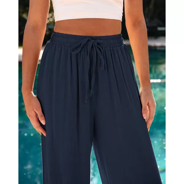 GRAPENT Wide Leg Pants Woman Linen High Waisted Pull On Flowy Casual Baggy Drawstring Palazzo Trousers Pants Resort WearNavy Blue