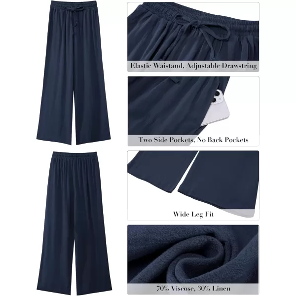 GRAPENT Wide Leg Pants Woman Linen High Waisted Pull On Flowy Casual Baggy Drawstring Palazzo Trousers Pants Resort WearNavy Blue