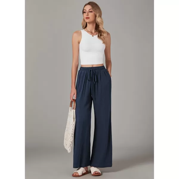 GRAPENT Wide Leg Pants Woman Linen High Waisted Pull On Flowy Casual Baggy Drawstring Palazzo Trousers Pants Resort WearNavy Blue