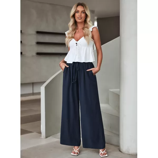 GRAPENT Wide Leg Pants Woman Linen High Waisted Pull On Flowy Casual Baggy Drawstring Palazzo Trousers Pants Resort WearNavy Blue