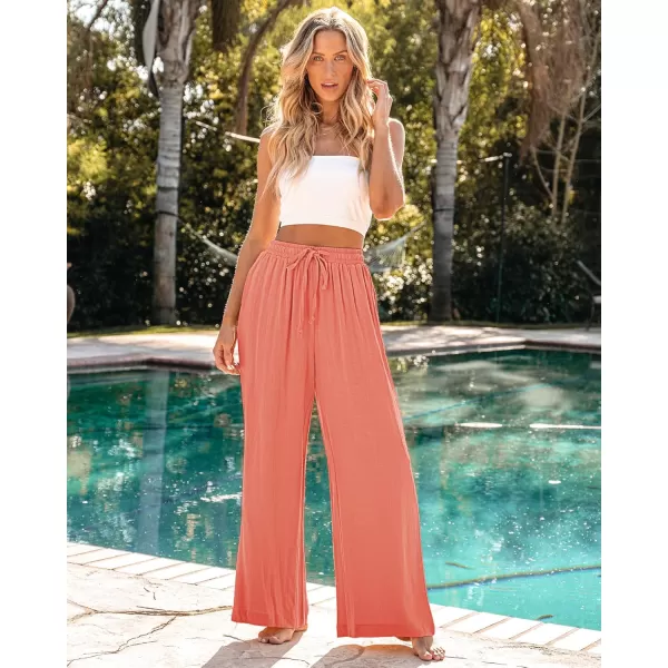 GRAPENT Wide Leg Pants Woman Linen High Waisted Pull On Flowy Casual Baggy Drawstring Palazzo Trousers Pants Resort WearSalmon
