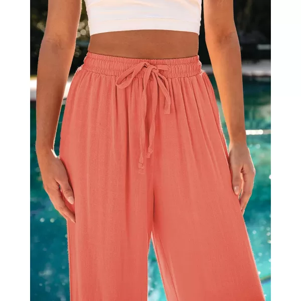 GRAPENT Wide Leg Pants Woman Linen High Waisted Pull On Flowy Casual Baggy Drawstring Palazzo Trousers Pants Resort WearSalmon