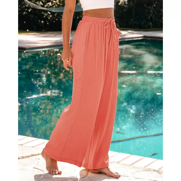 GRAPENT Wide Leg Pants Woman Linen High Waisted Pull On Flowy Casual Baggy Drawstring Palazzo Trousers Pants Resort WearSalmon
