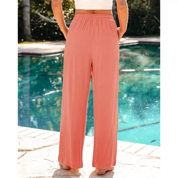 GRAPENT Wide Leg Pants Woman Linen High Waisted Pull On Flowy Casual Baggy Drawstring Palazzo Trousers Pants Resort WearSalmon