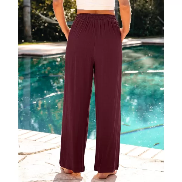 GRAPENT Wide Leg Pants Woman Linen High Waisted Pull On Flowy Casual Baggy Drawstring Palazzo Trousers Pants Resort WearTawny Port