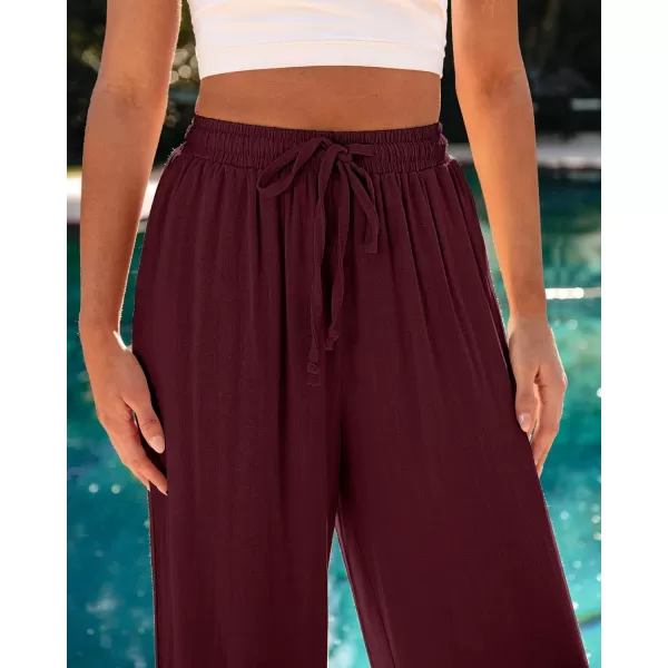 GRAPENT Wide Leg Pants Woman Linen High Waisted Pull On Flowy Casual Baggy Drawstring Palazzo Trousers Pants Resort WearTawny Port