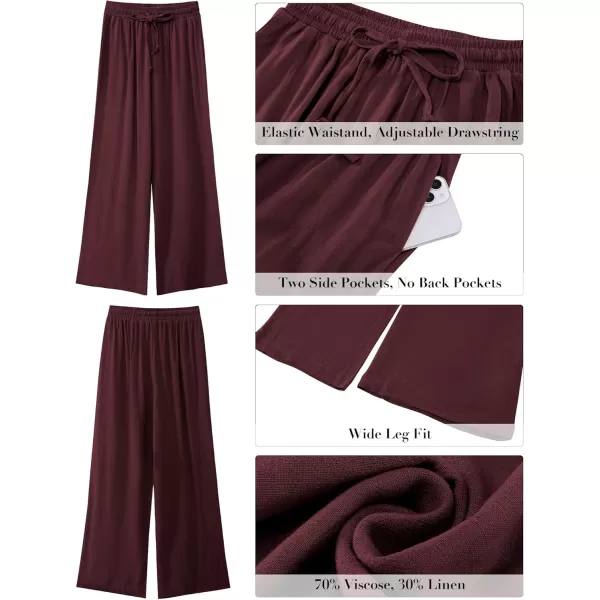 GRAPENT Wide Leg Pants Woman Linen High Waisted Pull On Flowy Casual Baggy Drawstring Palazzo Trousers Pants Resort WearTawny Port