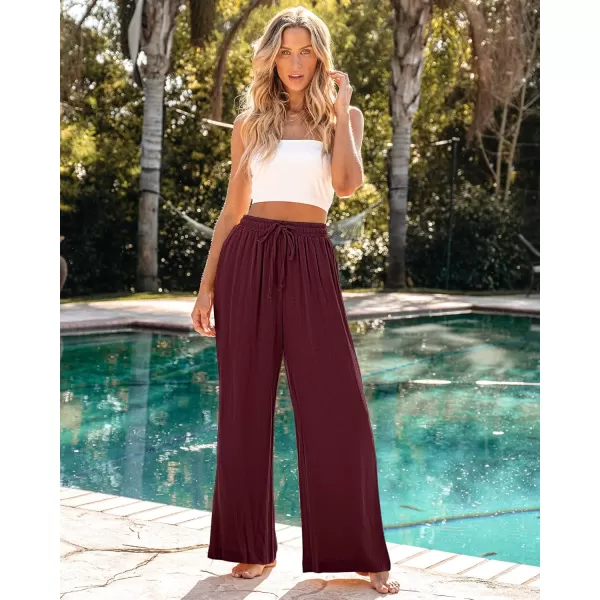 GRAPENT Wide Leg Pants Woman Linen High Waisted Pull On Flowy Casual Baggy Drawstring Palazzo Trousers Pants Resort WearTawny Port