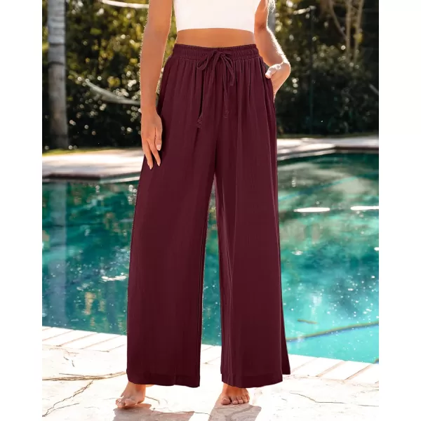 GRAPENT Wide Leg Pants Woman Linen High Waisted Pull On Flowy Casual Baggy Drawstring Palazzo Trousers Pants Resort WearTawny Port