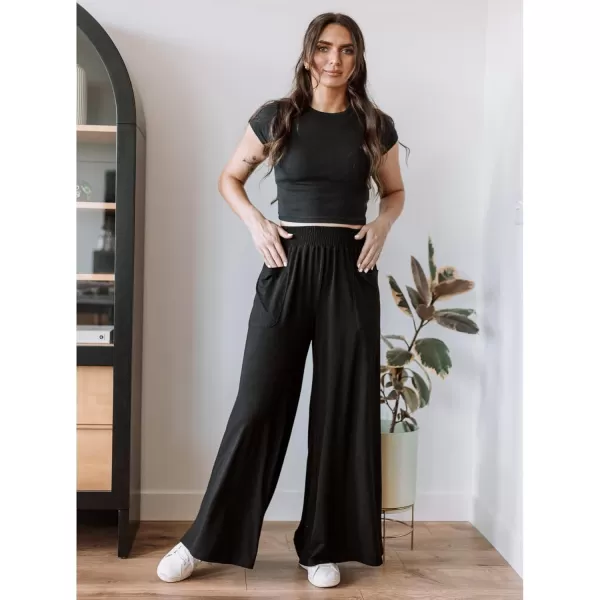 GRAPENT Wide Leg Pants for Women High Wasited Baggy Palazzo Pants Casual Pull On Bell Bottom Smocked Elastic Waist PantsBlack