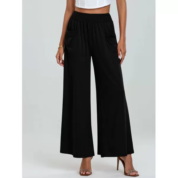 GRAPENT Wide Leg Pants for Women High Wasited Baggy Palazzo Pants Casual Pull On Bell Bottom Smocked Elastic Waist PantsBlack