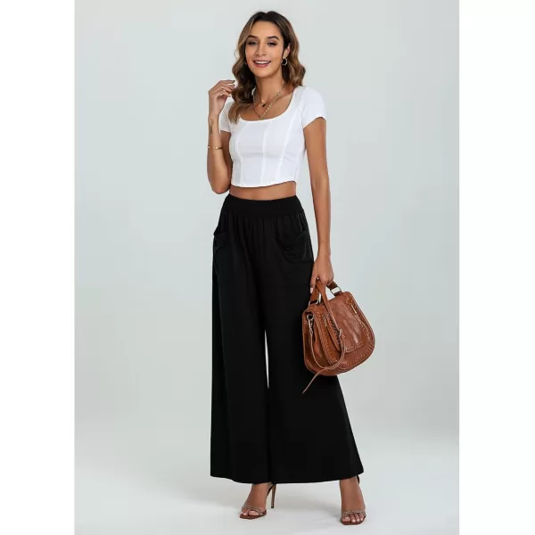GRAPENT Wide Leg Pants for Women High Wasited Baggy Palazzo Pants Casual Pull On Bell Bottom Smocked Elastic Waist PantsBlack