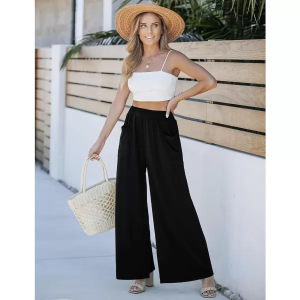 GRAPENT Wide Leg Pants for Women High Wasited Baggy Palazzo Pants Casual Pull On Bell Bottom Smocked Elastic Waist PantsBlack