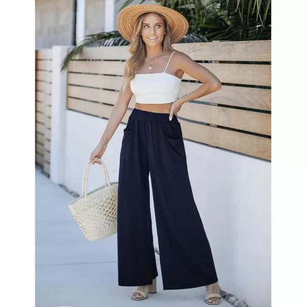 GRAPENT Wide Leg Pants for Women High Wasited Baggy Palazzo Pants Casual Pull On Bell Bottom Smocked Elastic Waist PantsDark Blue