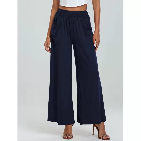 GRAPENT Wide Leg Pants for Women High Wasited Baggy Palazzo Pants Casual Pull On Bell Bottom Smocked Elastic Waist PantsDark Blue