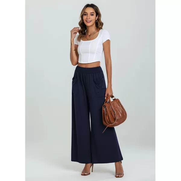 GRAPENT Wide Leg Pants for Women High Wasited Baggy Palazzo Pants Casual Pull On Bell Bottom Smocked Elastic Waist PantsDark Blue