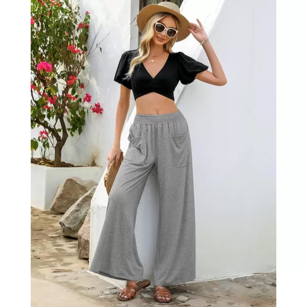 GRAPENT Wide Leg Pants for Women High Wasited Baggy Palazzo Pants Casual Pull On Bell Bottom Smocked Elastic Waist PantsHeather Gray