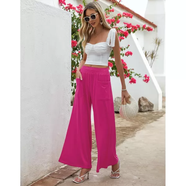 GRAPENT Wide Leg Pants for Women High Wasited Baggy Palazzo Pants Casual Pull On Bell Bottom Smocked Elastic Waist PantsHot Pink