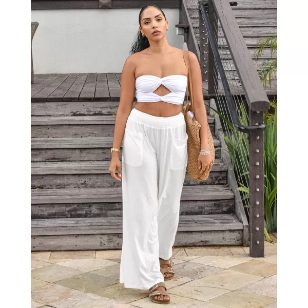 GRAPENT Wide Leg Pants for Women High Wasited Baggy Palazzo Pants Casual Pull On Bell Bottom Smocked Elastic Waist PantsOffwhite