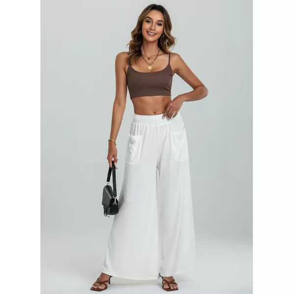 GRAPENT Wide Leg Pants for Women High Wasited Baggy Palazzo Pants Casual Pull On Bell Bottom Smocked Elastic Waist PantsOffwhite
