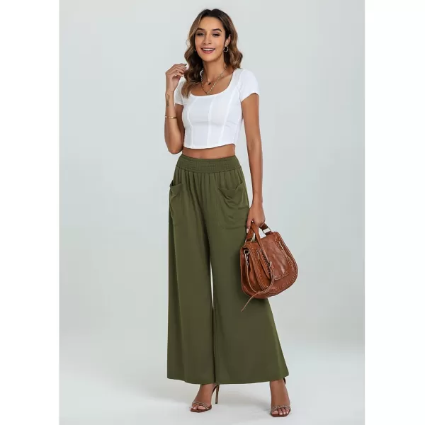 GRAPENT Wide Leg Pants for Women High Wasited Baggy Palazzo Pants Casual Pull On Bell Bottom Smocked Elastic Waist PantsOlive Green