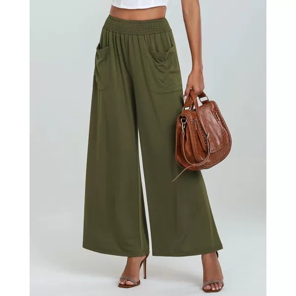 GRAPENT Wide Leg Pants for Women High Wasited Baggy Palazzo Pants Casual Pull On Bell Bottom Smocked Elastic Waist PantsOlive Green