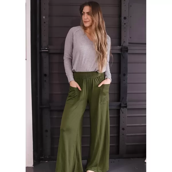 GRAPENT Wide Leg Pants for Women High Wasited Baggy Palazzo Pants Casual Pull On Bell Bottom Smocked Elastic Waist PantsOlive Green