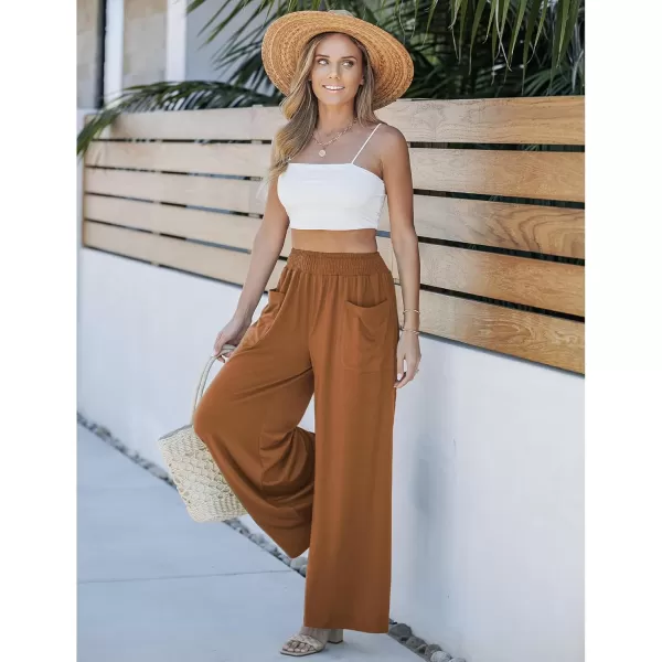 GRAPENT Wide Leg Pants for Women High Wasited Baggy Palazzo Pants Casual Pull On Bell Bottom Smocked Elastic Waist PantsPecan Brown