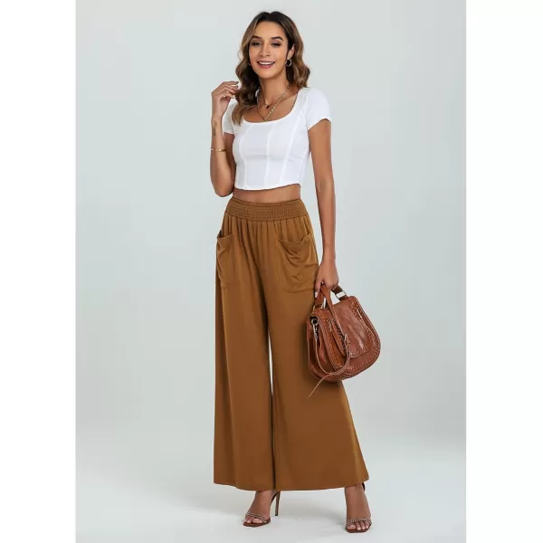 GRAPENT Wide Leg Pants for Women High Wasited Baggy Palazzo Pants Casual Pull On Bell Bottom Smocked Elastic Waist PantsPecan Brown