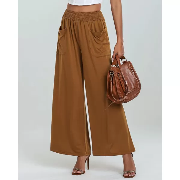 GRAPENT Wide Leg Pants for Women High Wasited Baggy Palazzo Pants Casual Pull On Bell Bottom Smocked Elastic Waist PantsPecan Brown