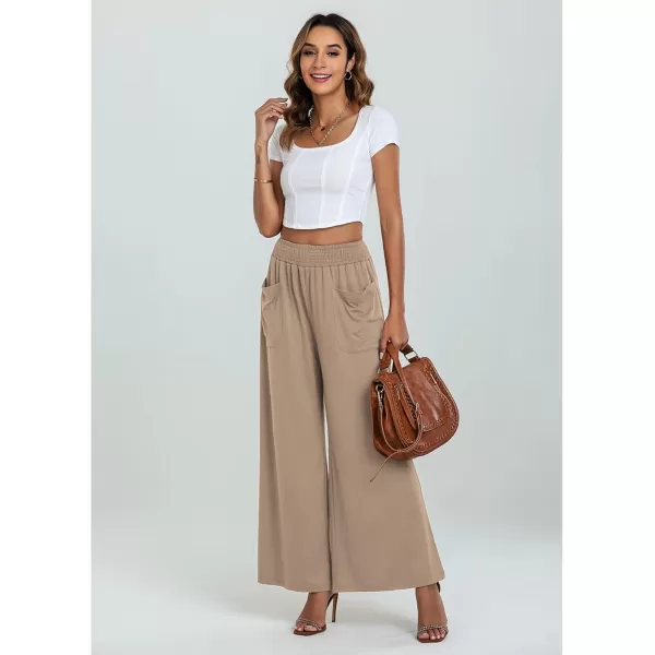 GRAPENT Wide Leg Pants for Women High Wasited Baggy Palazzo Pants Casual Pull On Bell Bottom Smocked Elastic Waist PantsTaupe