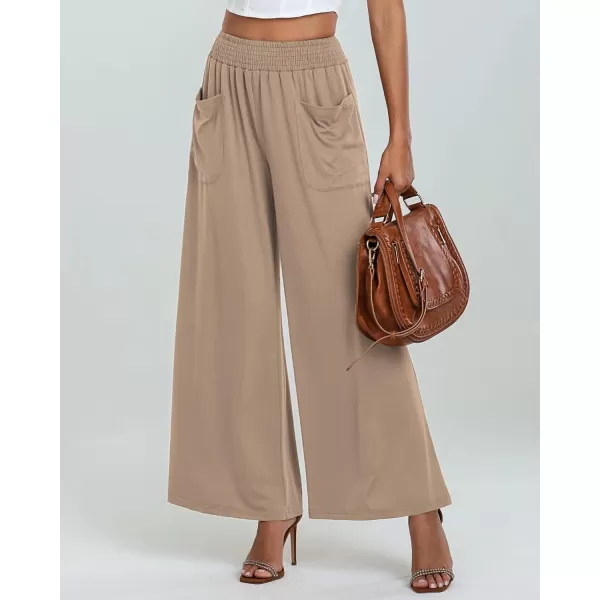 GRAPENT Wide Leg Pants for Women High Wasited Baggy Palazzo Pants Casual Pull On Bell Bottom Smocked Elastic Waist PantsTaupe