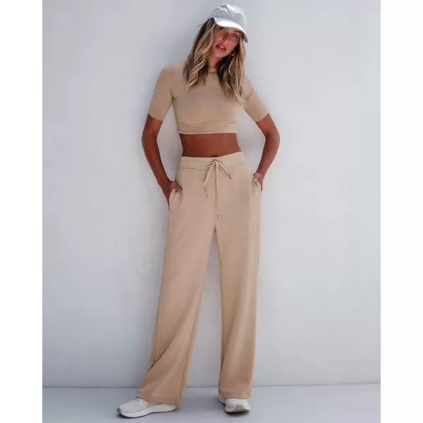 GRAPENT Wide Leg Sweatpants Women Baggy High Waisted Pull On Trendy Lounge Drawstring Athleisure Sweat Pants TrousersBeige