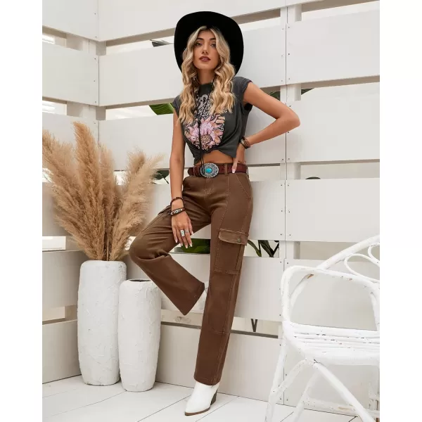 GRAPENT Womens Cargo Pants Casual High Waisted Baggy Stretch Straight Leg Trousers Western Outfit Y2K Pants with PocketsAlmond Brown