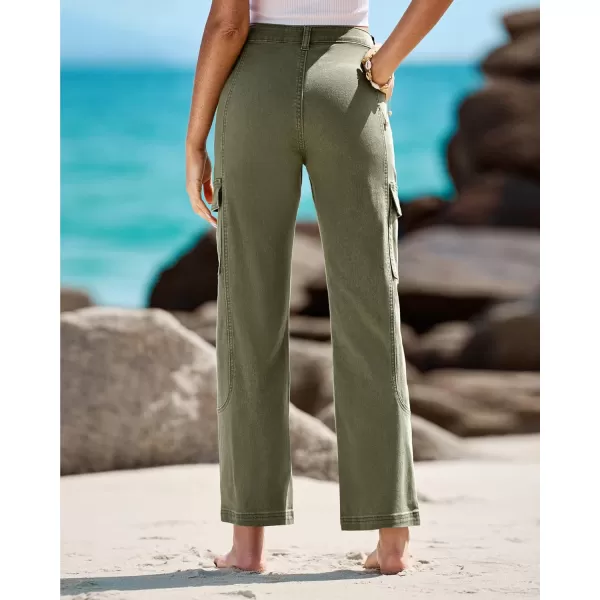 GRAPENT Womens Cargo Pants Casual High Waisted Baggy Stretch Straight Leg Trousers Western Outfit Y2K Pants with PocketsArmy Green