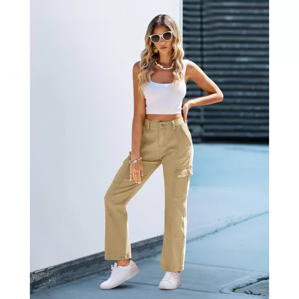 GRAPENT Womens Cargo Pants Casual High Waisted Baggy Stretch Straight Leg Trousers Western Outfit Y2K Pants with PocketsBeige
