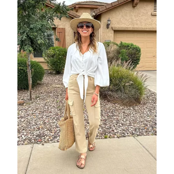 GRAPENT Womens Cargo Pants Casual High Waisted Baggy Stretch Straight Leg Trousers Western Outfit Y2K Pants with PocketsBeige