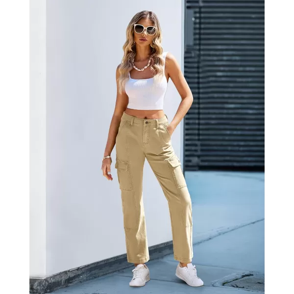 GRAPENT Womens Cargo Pants Casual High Waisted Baggy Stretch Straight Leg Trousers Western Outfit Y2K Pants with PocketsBeige