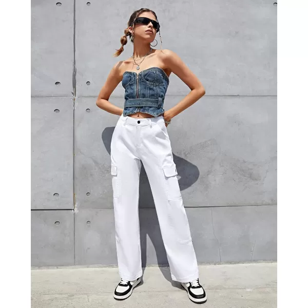 GRAPENT Womens Cargo Pants Casual High Waisted Baggy Stretch Straight Leg Trousers Western Outfit Y2K Pants with PocketsBrilliant White